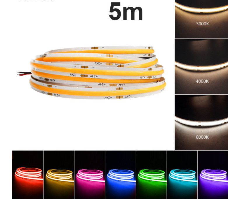 स्मार्ट कलर चेंजिंग 24V COB RGBW LED स्ट्रिप 10mm वाटरप्रूफ 2700K-6500K